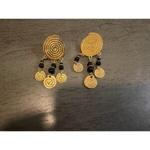 vintage gold tone spiral disc dangle earrings black bead fringe boho stud